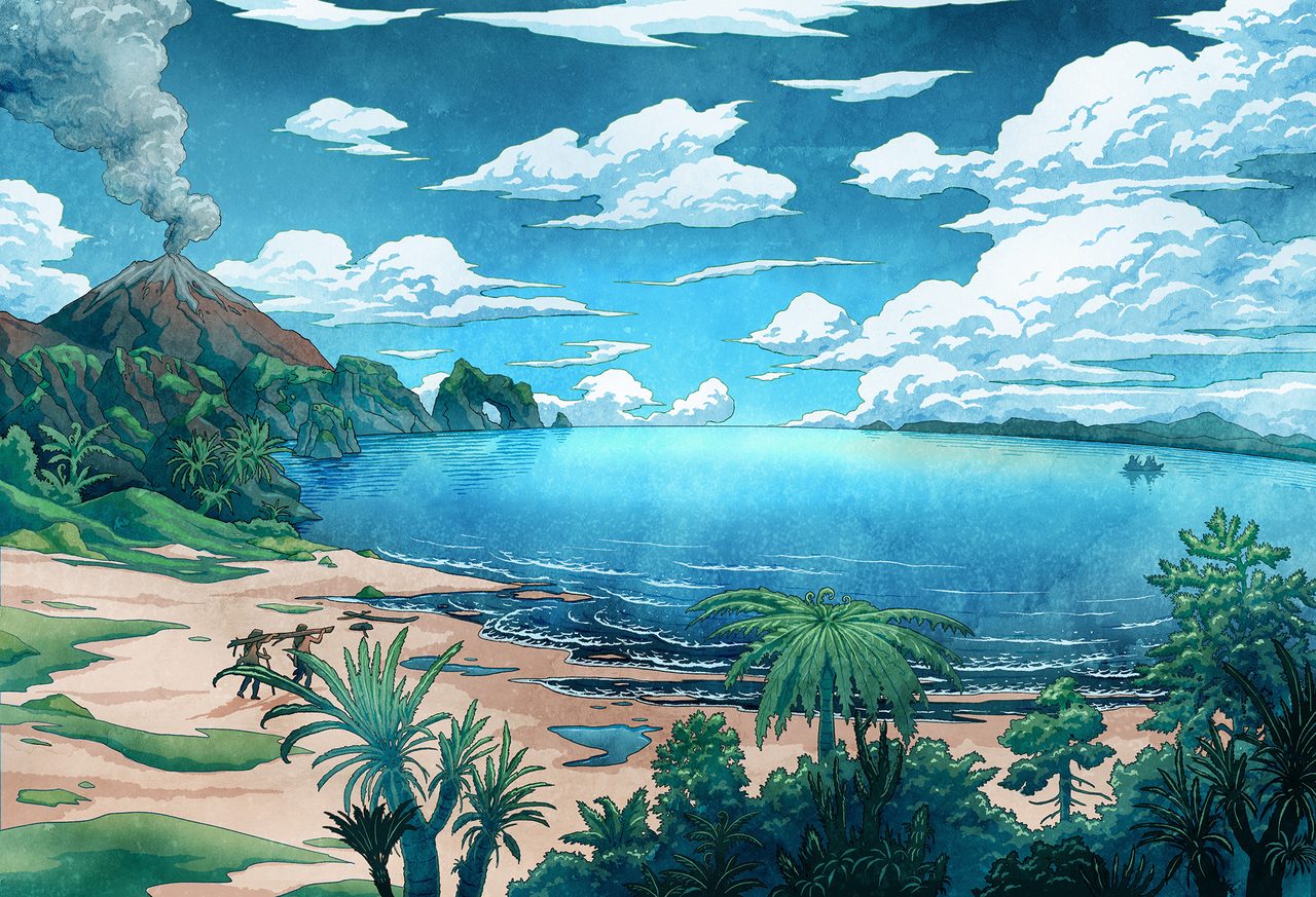Illustration of a bright bay beneath a smoking volcano, with a stone arch in the distance and two figures carrying timber along the shore.